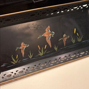 Vintage Nashco Black Metal Hand Painted Tray Toleware Ducks / Lake